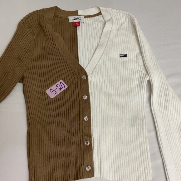 Tommy Hilfiger Womens Two-Tone Ribbed Knit Button-Up Cardigan Tan/White size S - Picture 9 of 9